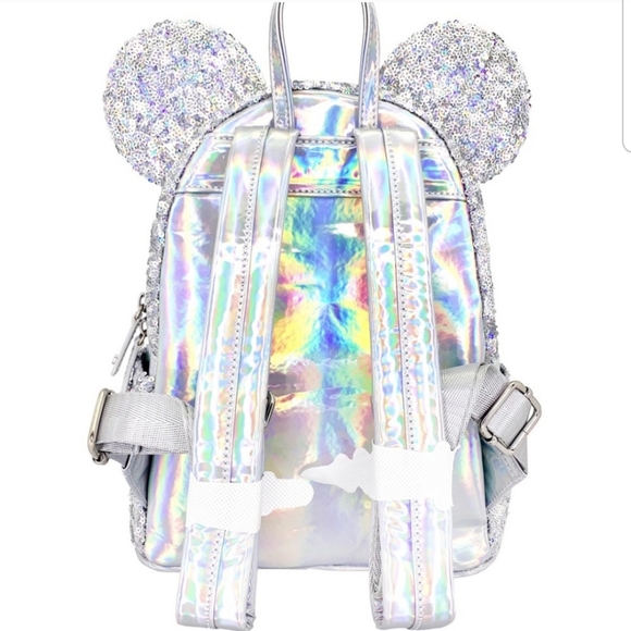 Loungefly Disney Holographic Sequin Minnie Mouse Backpack Silver Rave Bag - OBO - Picture 2 of 8